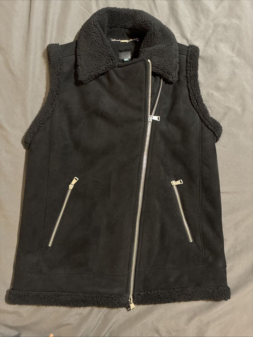 Lauren Ralph Lauren LRL Women Black Faux Shearling Moto Vest Asymmetrical Sz Med